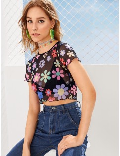Floral Print Sheer Mesh Tee Without Bra