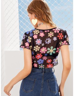 Floral Print Sheer Mesh Tee Without Bra