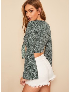 Crop Knot Front Bell Sleeve Ditsy Floral Top