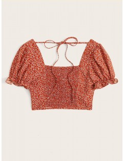Ditsy Floral Tie Front Puff Sleeve Crop Top